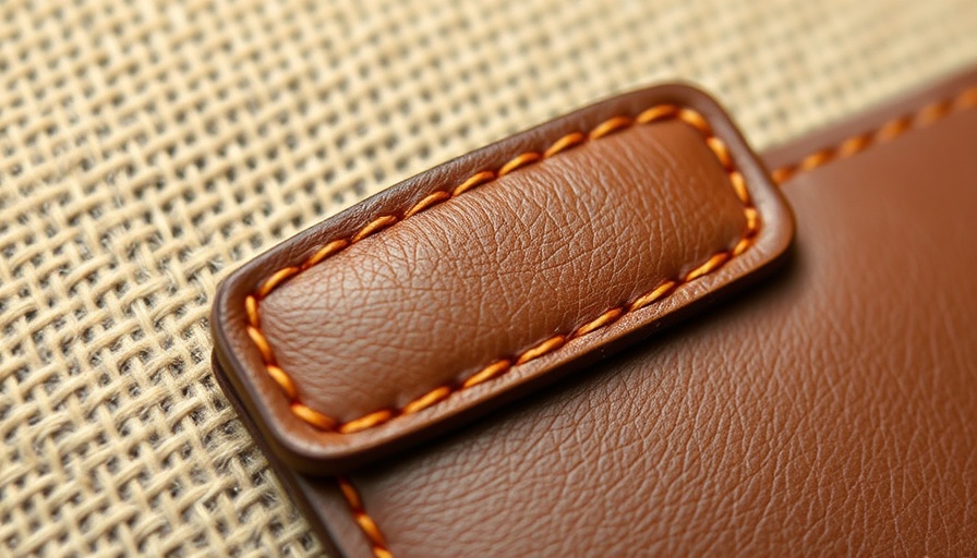 Close-up of brown leather patch with stitching, textured background.