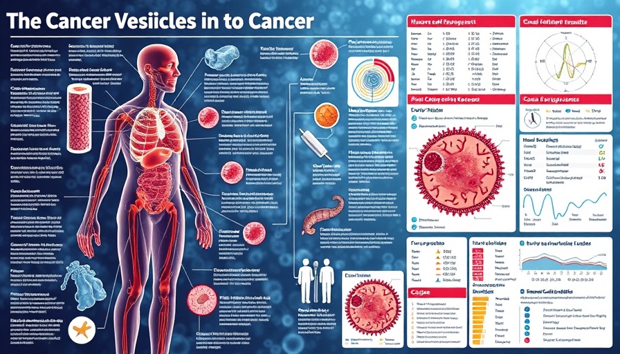 Extracellular vesicles in cancer: detailed infographic of human body, treatments, and markers.
