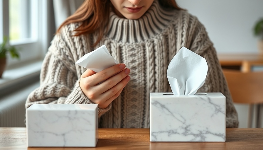 Seasonal allergies impacting mental health, person with tissues indoors.