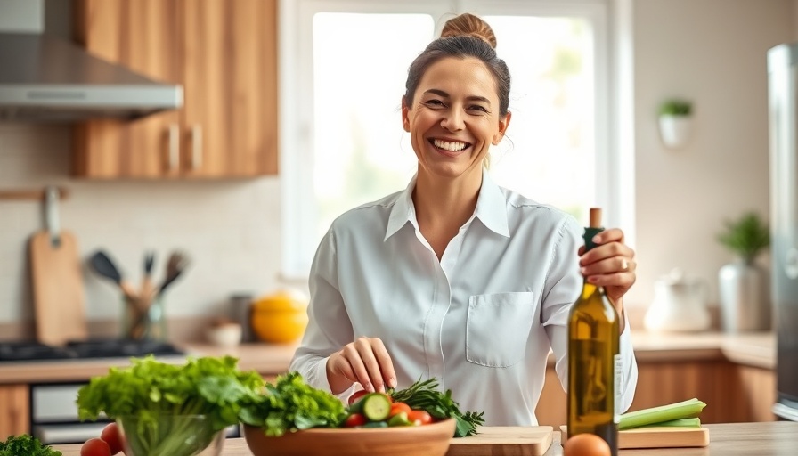 Woman in kitchen preparing plant-based meal with fresh greens.