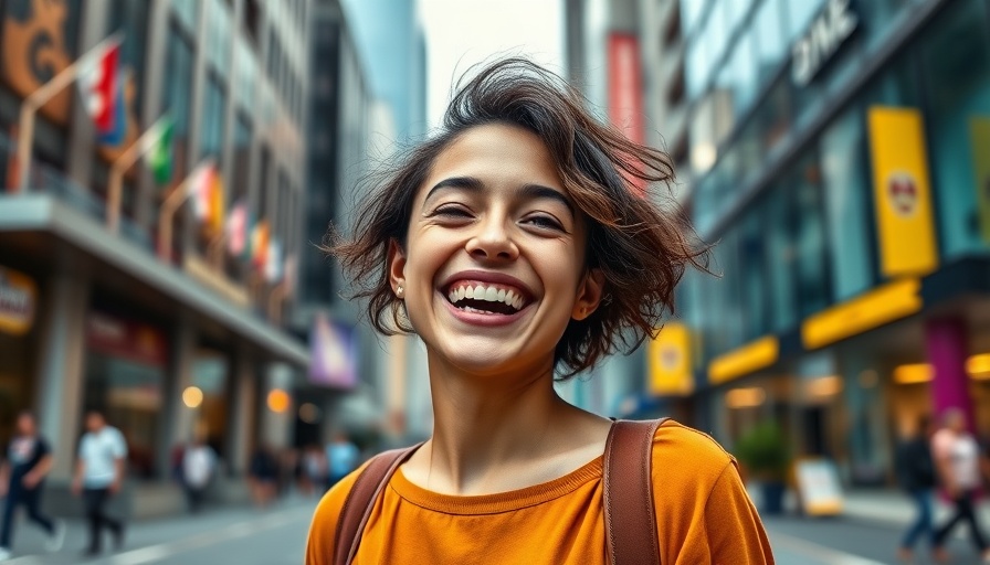 Woman in yellow dress smiling outdoors in city