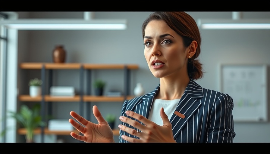 Woman discussing pinhole glasses benefits in office video.