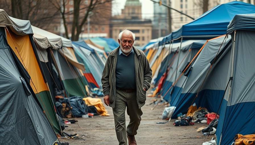 Elderly man in a homeless tent encampment reflecting outdoors; health and homelessness