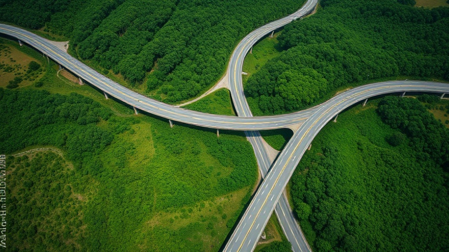 Aerial highway intersections resembling Golgi complex and secretory pathway.