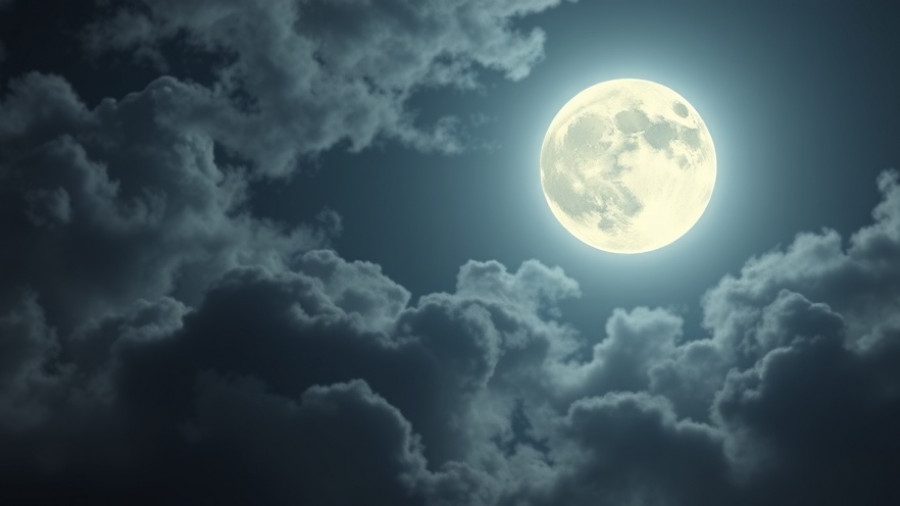 Ethereal full moon casting glow in cloudy night sky.