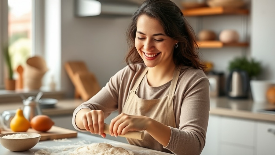 Woman baking bread to explore longevity and bread consumption, smiling in kitchen.