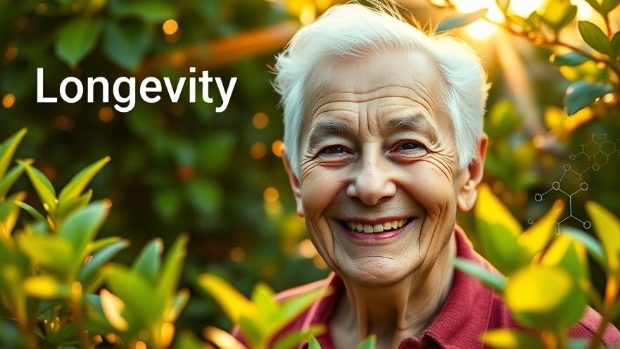 Elderly person smiles in a vibrant garden, symbolizing longevity research and cellular health.