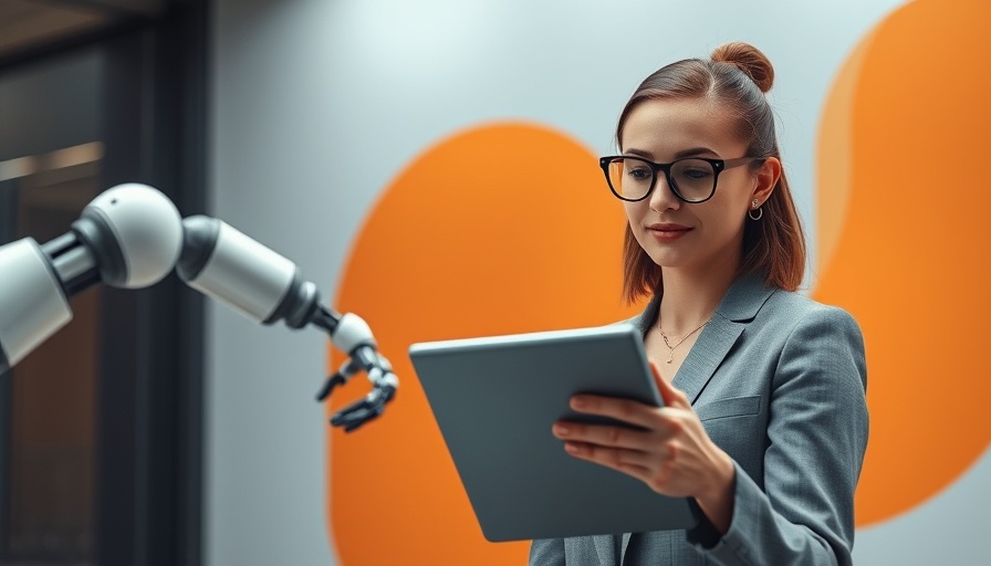 AI Solutions for Team Productivity - Woman using tablet with robotic arm.