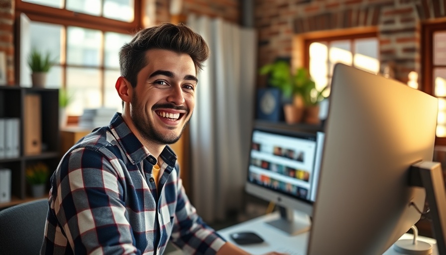 Young man exploring YouTube marketing strategies in bright office.