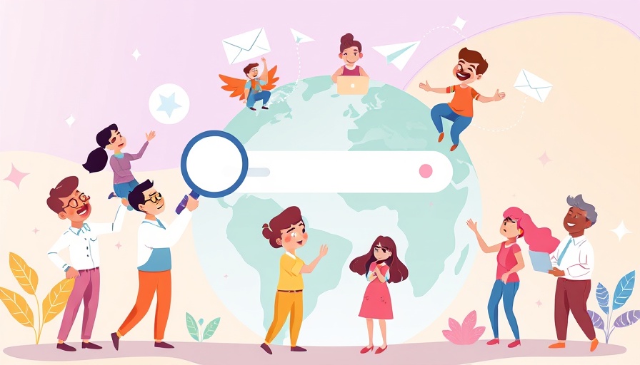 Cartoon of people with laptops and magnifying glass around a search engine interface.