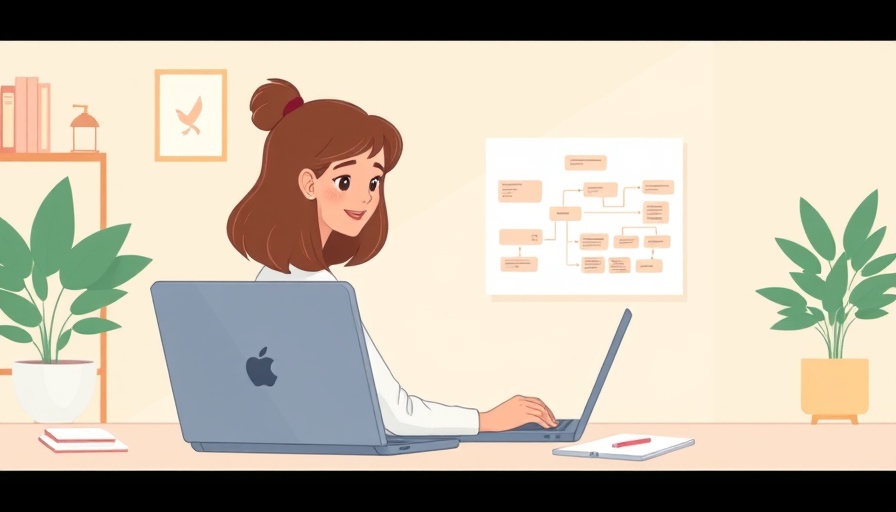 Cartoon woman using laptop with a flowchart, local SEO tips.