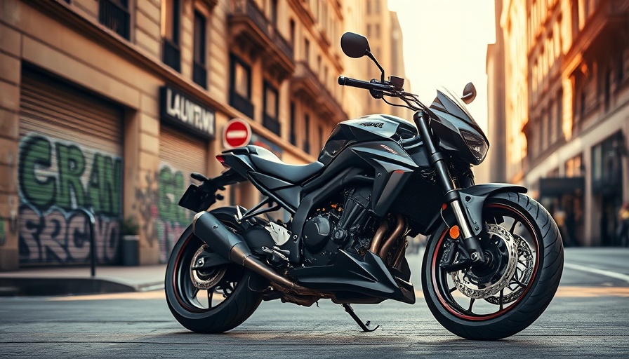 Photorealistic motorcycle on urban street, brand identity for SMBs.