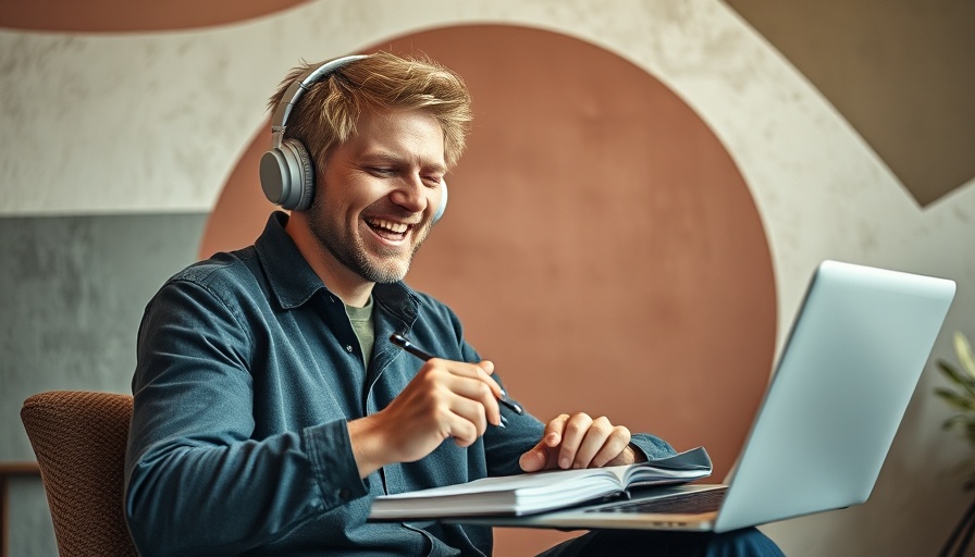 Man using AI agents for marketing on laptop, modern abstract design