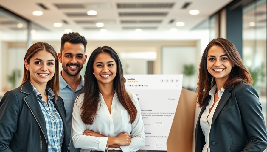 Smiling people in front of a product review page: local business marketing strategies.
