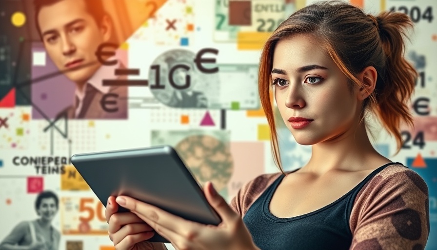 Young woman exploring buyer journey keyword research in a digital collage.
