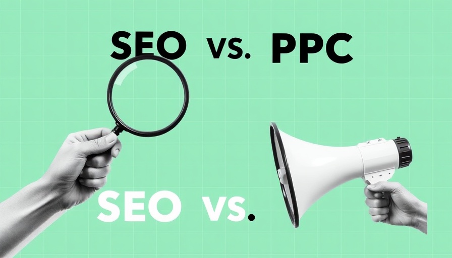 SEO vs PPC strategy illustrated with magnifying glass and megaphone.