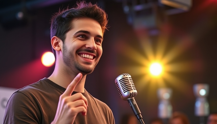 Young man hosting live Q&A session with vintage microphone