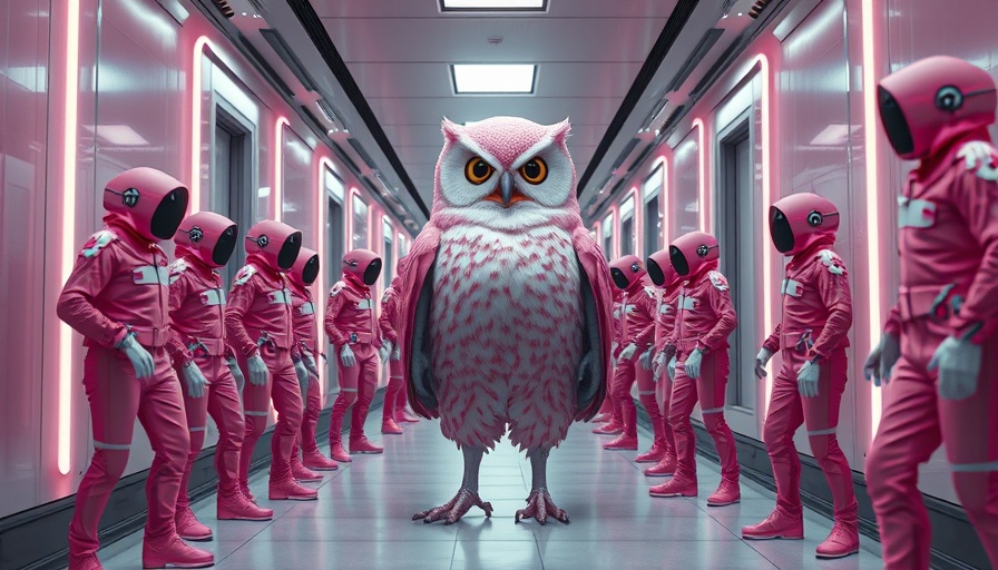 Surreal pink-suited figures in a futuristic setting, AI jobs crisis theme.