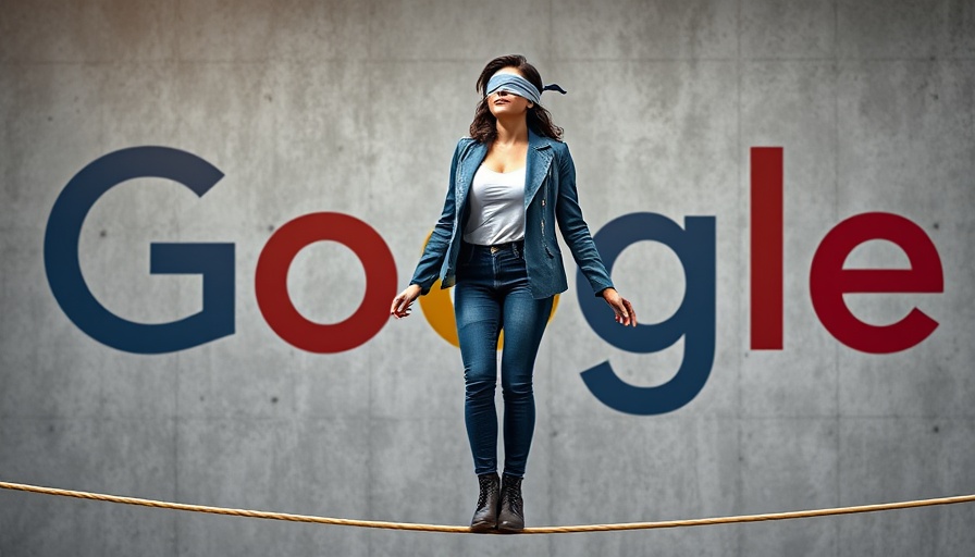 Blindfolded woman balancing before Google's logo, symbolizing guidance.