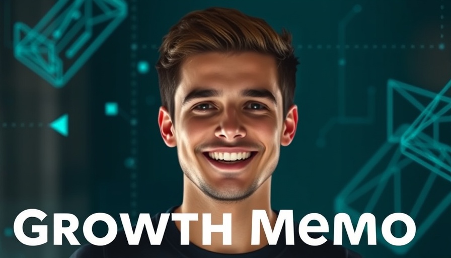 Smiling man with growth memo text on a digital-themed background.