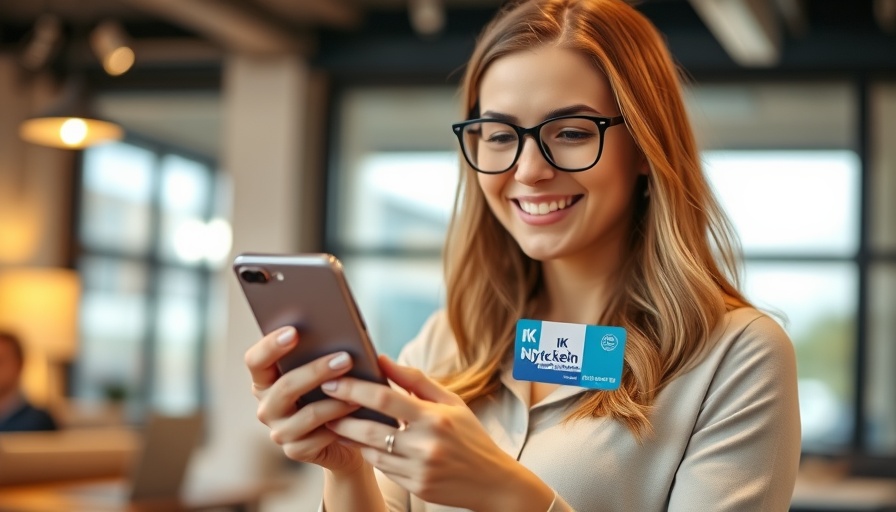 Smiling woman with NK Nyckeln Loyalty Program card on phone.