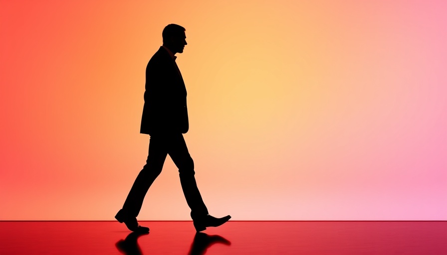Silhouette of a man walking against vibrant gradient background.
