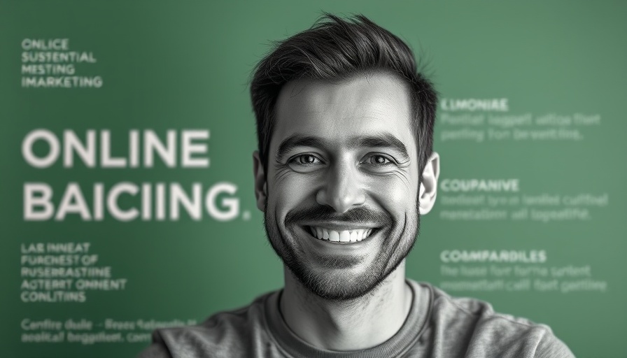 Smiling man promoting SEO content with green background.