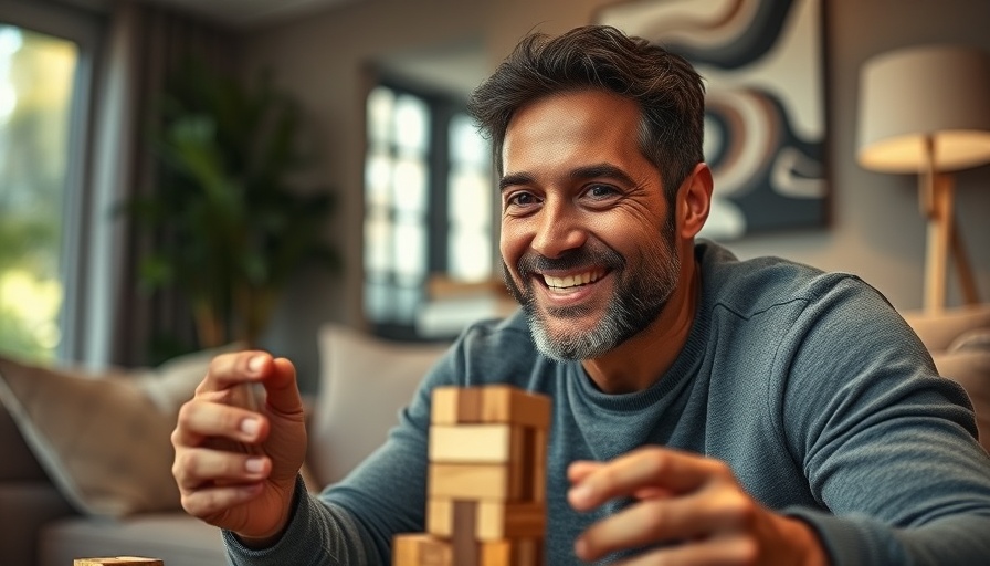 Smiling man engaging with Jenga blocks in modern living room.