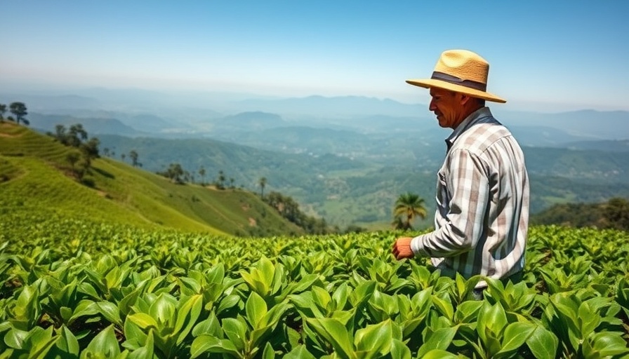 Farmer in tea plantation contributing to carbon removal in India.