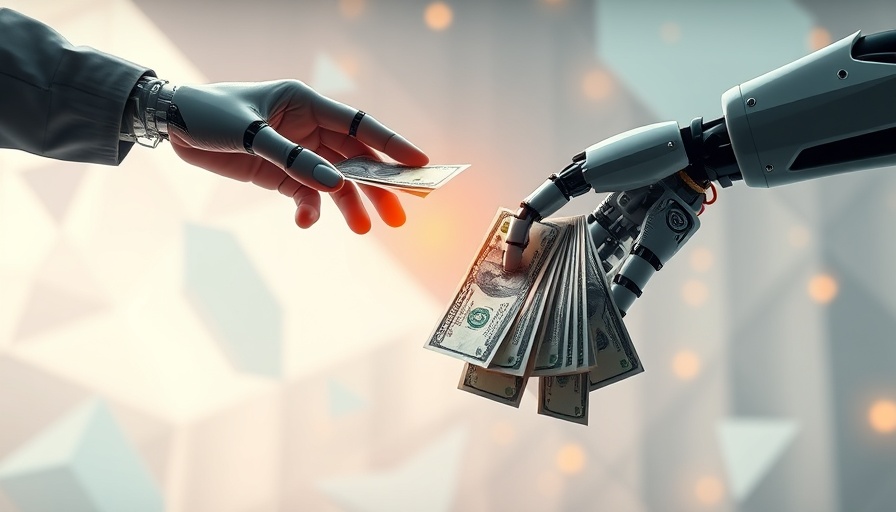 AI cost concept with human and robotic hands exchanging money.