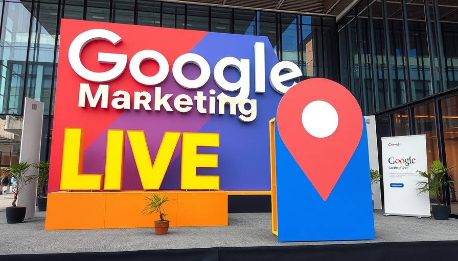 Event setup with Google Marketing Live signage showcasing AI search advancements.
