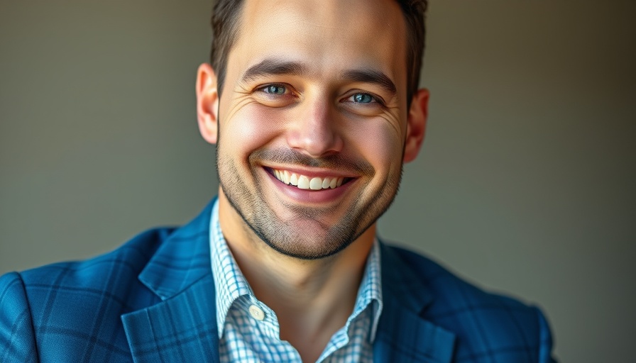 Smiling man in blue plaid blazer, casual portrait.