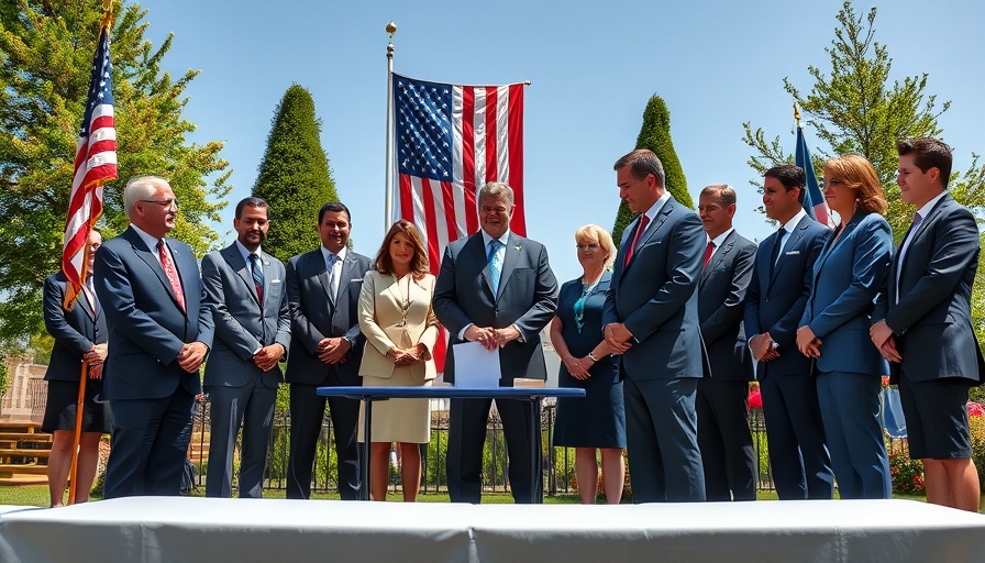 Signing ceremony in a garden with American flag backdrop