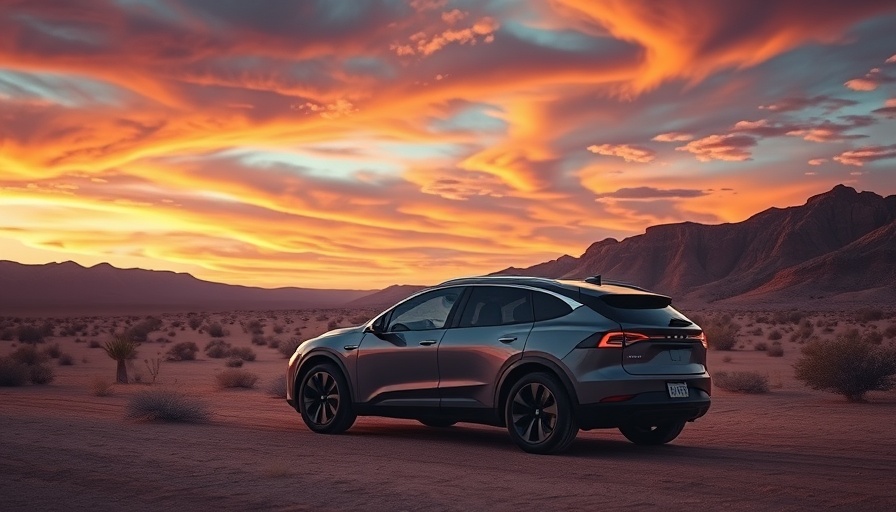Sleek electric SUV in desert at sunset, highlighting best marketing tools for SMBs.