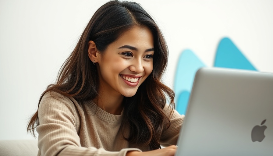 Online advertising for SMBs: Woman using laptop with digital elements.