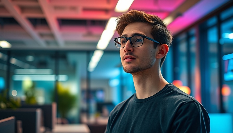 Young man discussing Google AI impact in vibrant office, Local SEO tips.