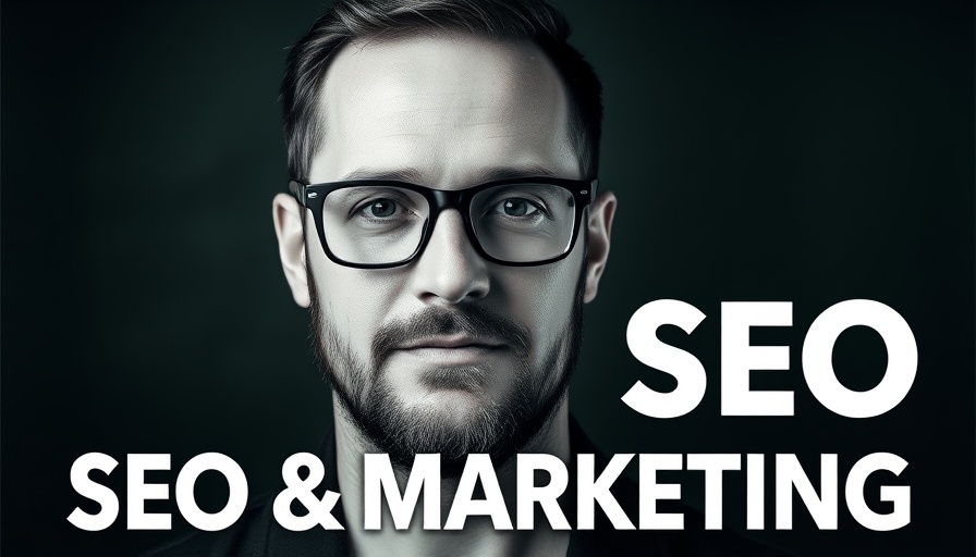 Black and white portrait promoting SEO and branding, dark green backdrop.