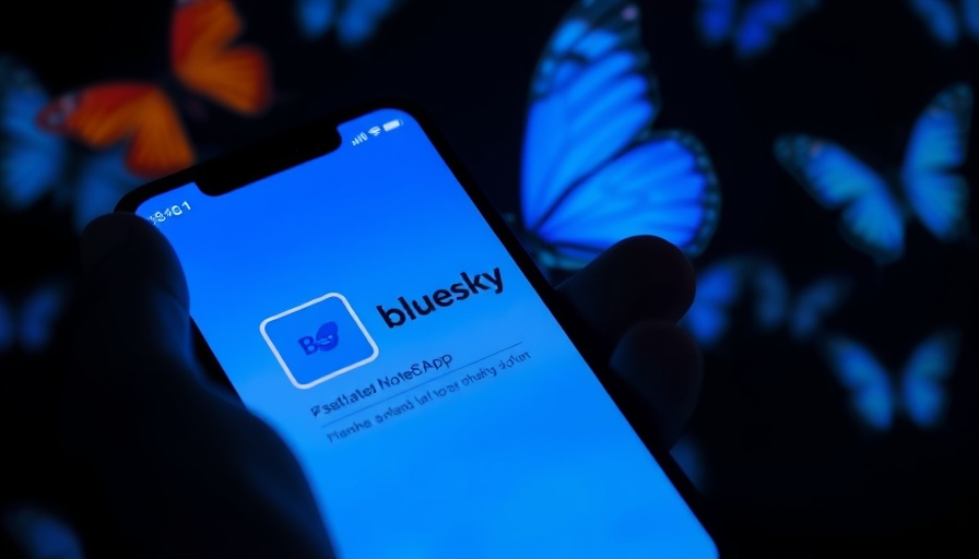 Smartphone with Bluesky app against a blue butterfly background.