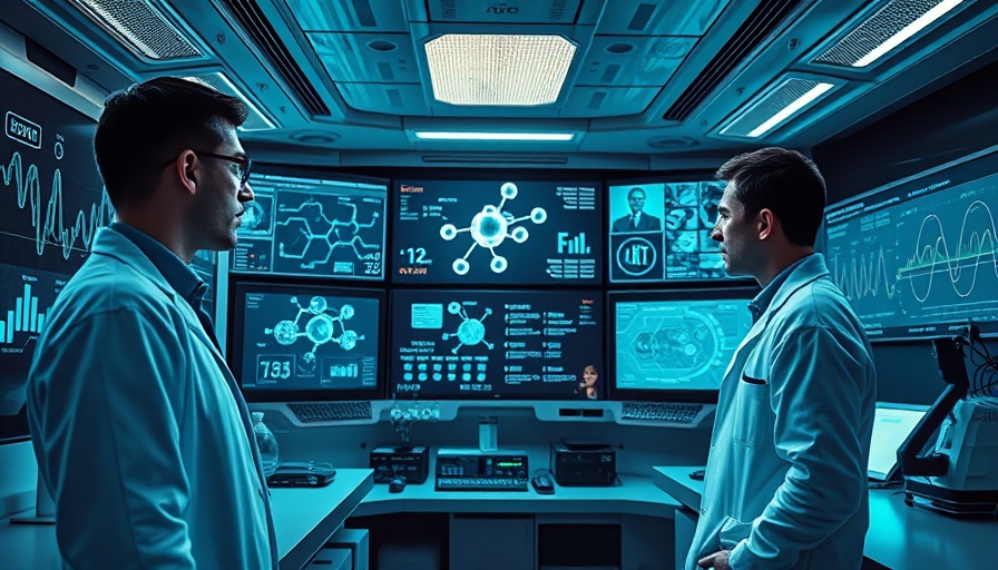 Futuristic AI lab in drug discovery with scientists and tech screens.
