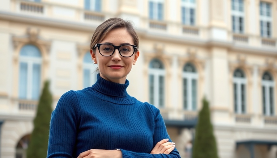 Confident woman in blue sweater standing outdoors, legal support for employees.