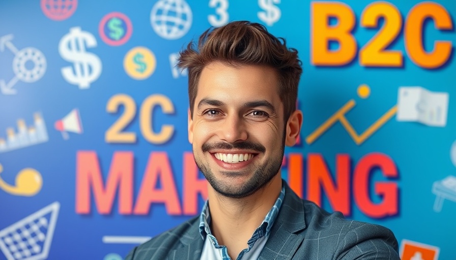 E-commerce search strategies: B2C marketing promotion poster with smiling man.