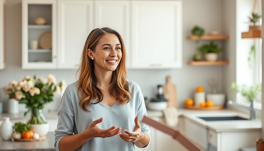 Friendly woman discussing high-iron foods in a bright kitchen.