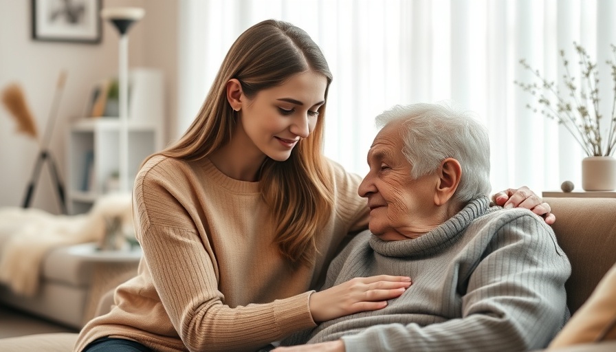 Caring younger woman comforting an elderly person indoors.