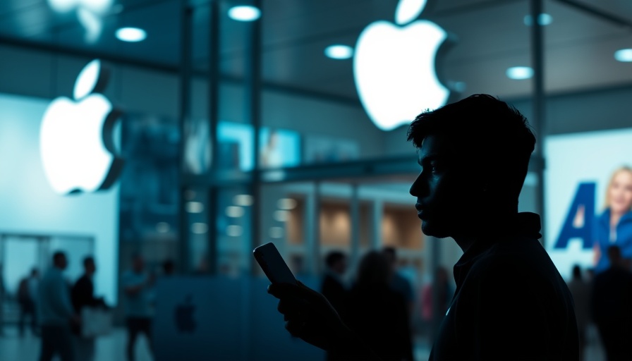 Man using phone outside Apple Store, related to iOS 19 marketing tools for SMBs.