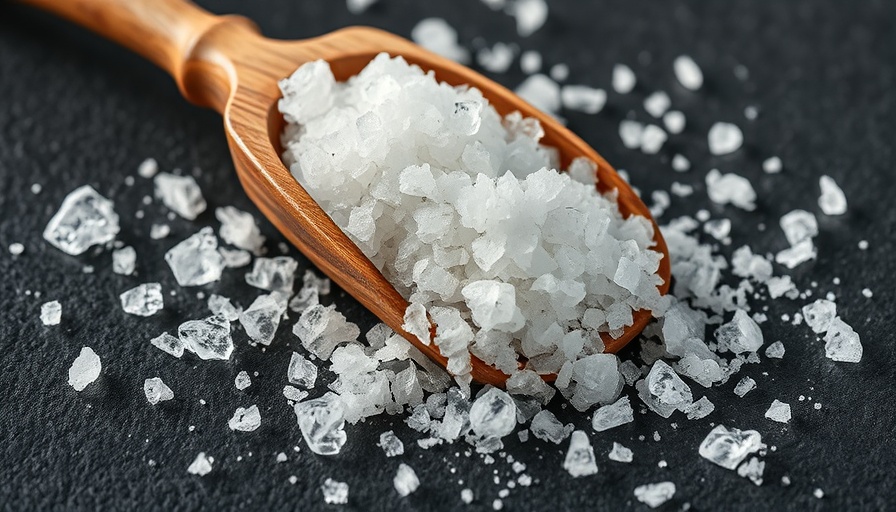 Coarse potassium chloride crystals in wooden scooper on dark surface.