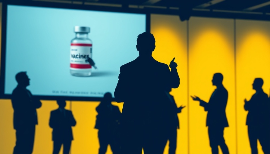 Stylized healthcare presentation on vaccine, sleek silhouette figures.