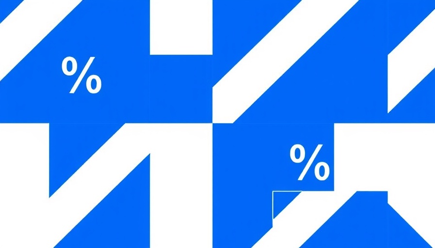 Blue and white abstract design with a percentage symbol.