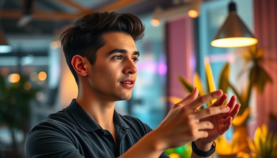 Confident man explaining digital product sales strategy.