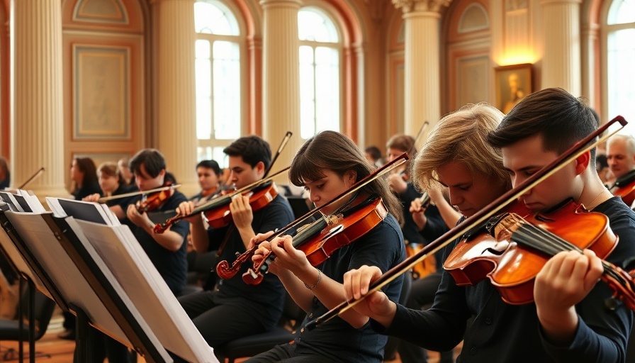 Focused orchestra musicians playing violins in a grand hall