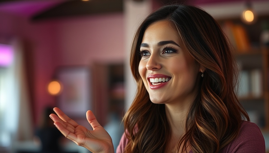 Woman giving health tips indoors with colorful lighting.